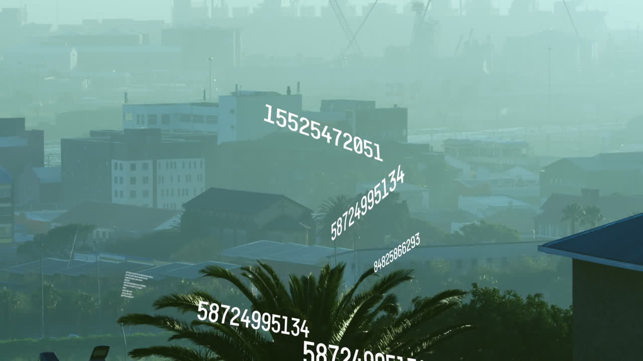 변화하는 숫자 및 데이터 처리의 애니메이션과 도시 풍경의 공중 전망