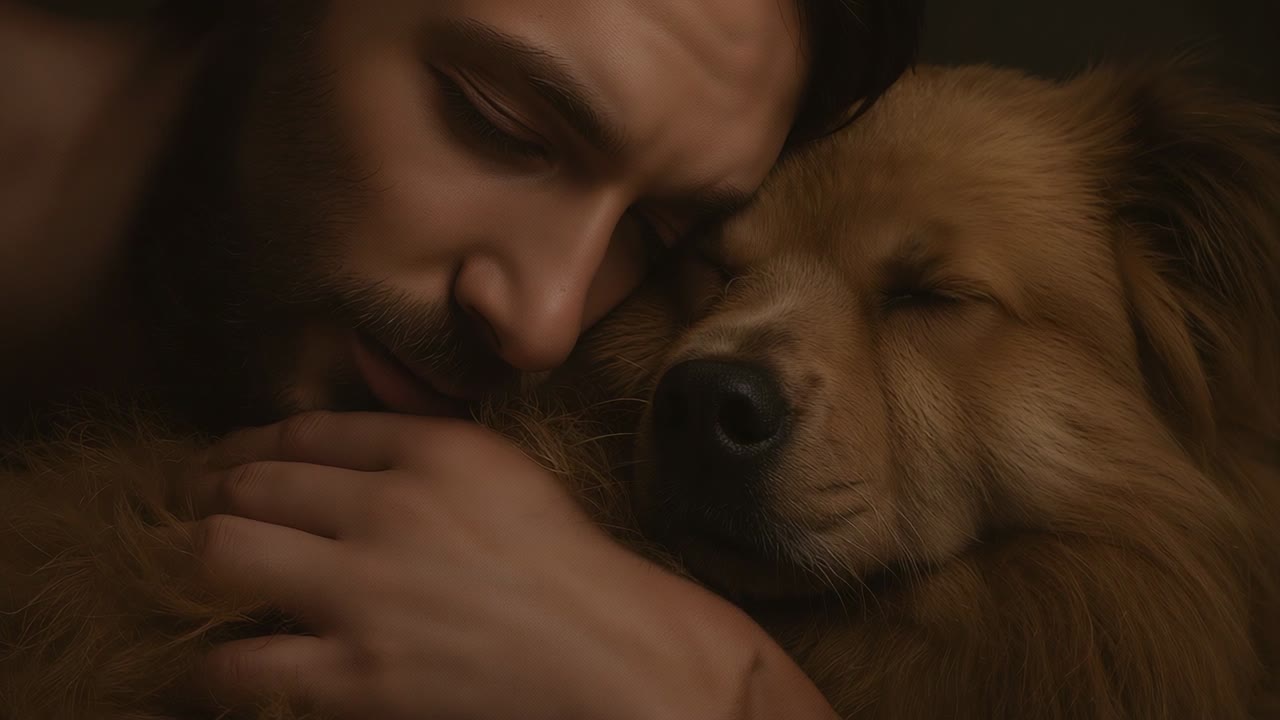 Uomo che si china, appoggiando la guancia e cullando un cane che dorme a casa, confortandolo con una mano sulla spalla scoperta