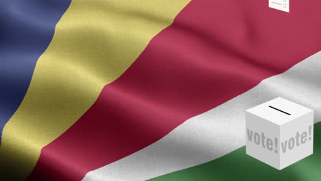 ballots fly to box for seychelles selection - ballot box in front of flag - election - vote - flag of seychelles - seychelles flag high detail - national flag seychelles wave pattern loopable elements