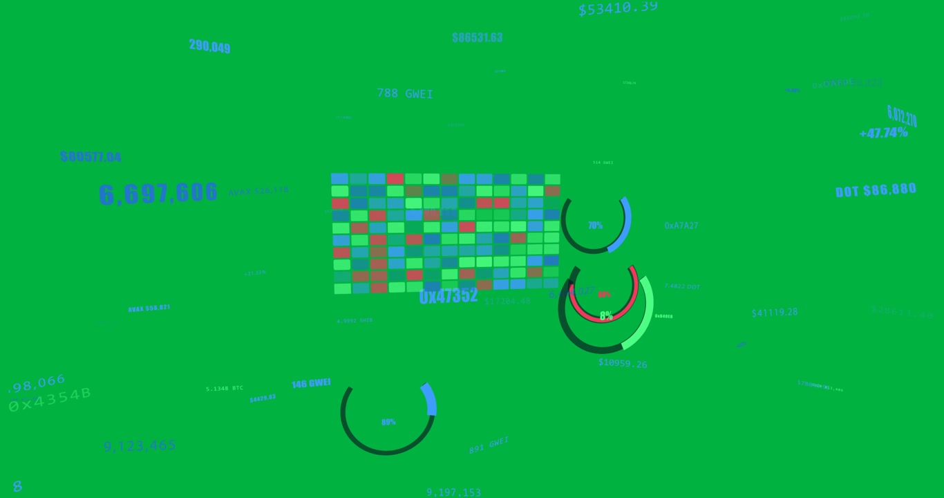 On load grid forming meters filling labels orbiting camera tilting showing crypto data transparent