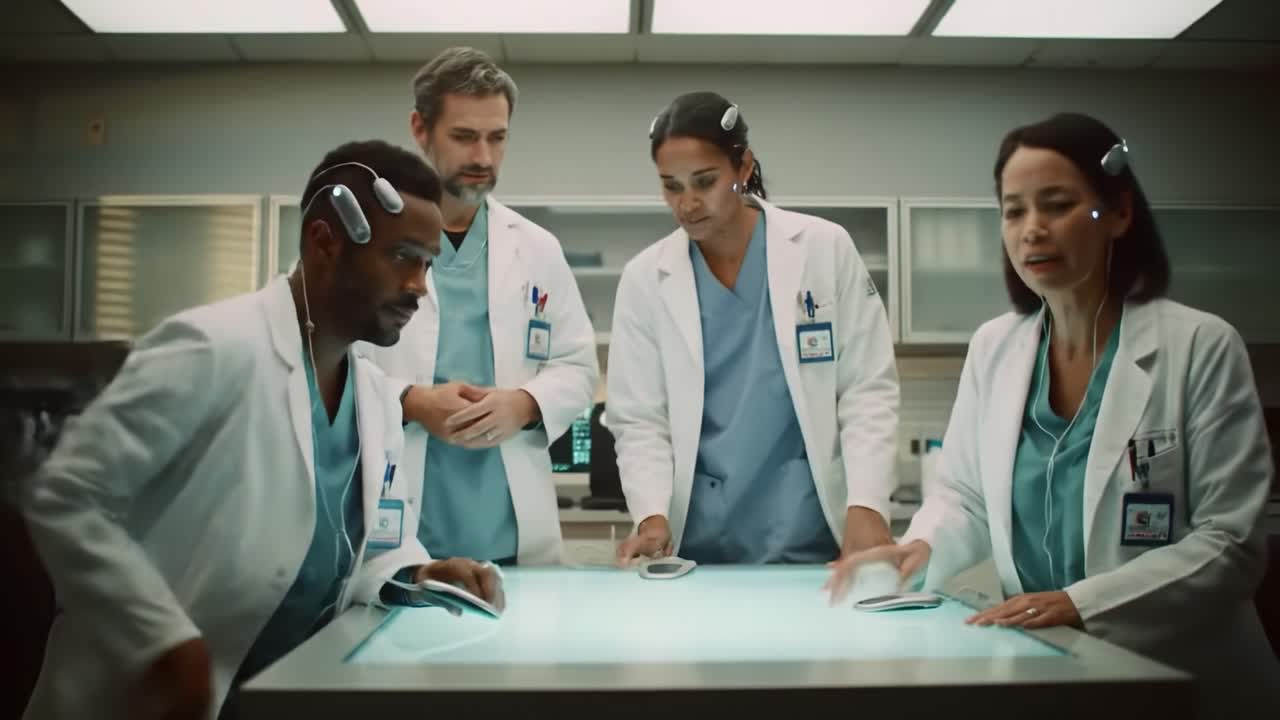 Four healthcare workers discuss patient cases in a high-tech environment. They are focused on their tablets and teamwork, showcasing the importance of collaboration in modern medicine.