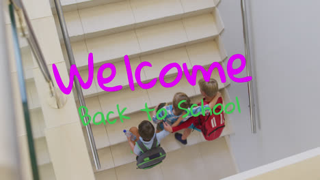 animation of welcome back to school text over happy diverse school kids at school