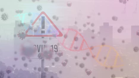 Animation-of-corona-virus-cells,-dna-and-covid-19-sign-over-cityscape