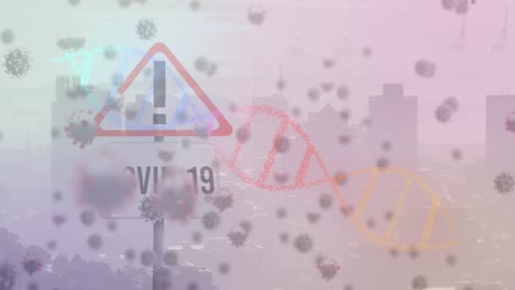 Animation-Von-Corona-Viruszellen,-DNA-Und-Covid-19-Zeichen-über-Dem-Stadtbild