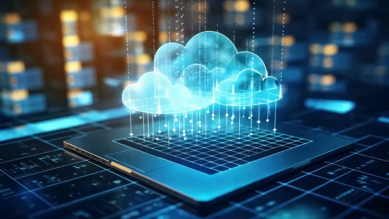 Futuristic video concept of cloud computing with a digital cloud hovering over a laptop