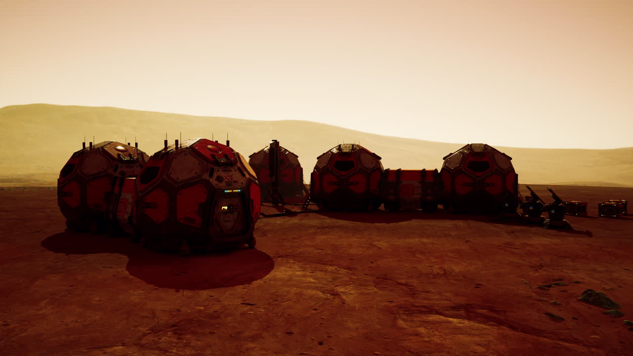 Martian base with habitat modules and equipment under a dusty orange sky