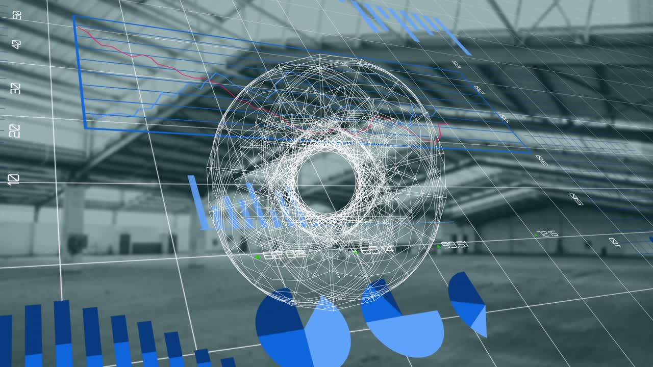 Animation of scope and statistics with financial data processing over empty industrial interiors