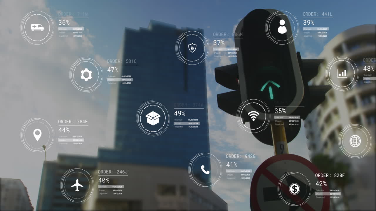 animación de iconos con procesamiento de datos sobre semáforos y paisaje urbano