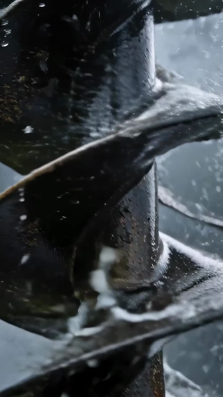 Vertikal video: Metallisk spiralformet skrue spinder efter motorstart og kaster vand af ved en vådtest.
