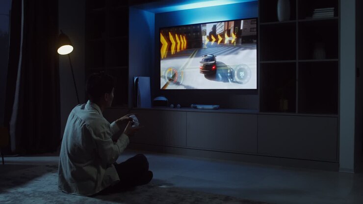 Man playing racing game on television