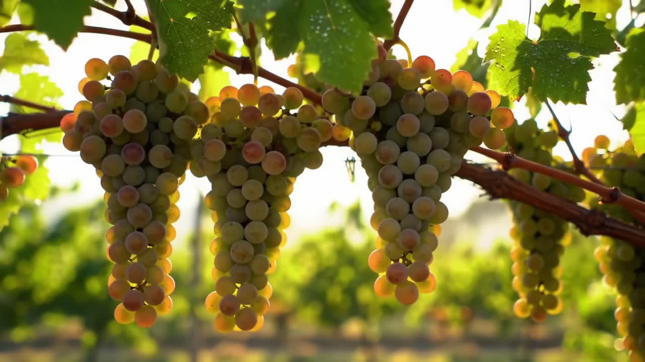 Harvesting Ripe Green Grapes in a Sunlit Vineyard During Late Afternoon