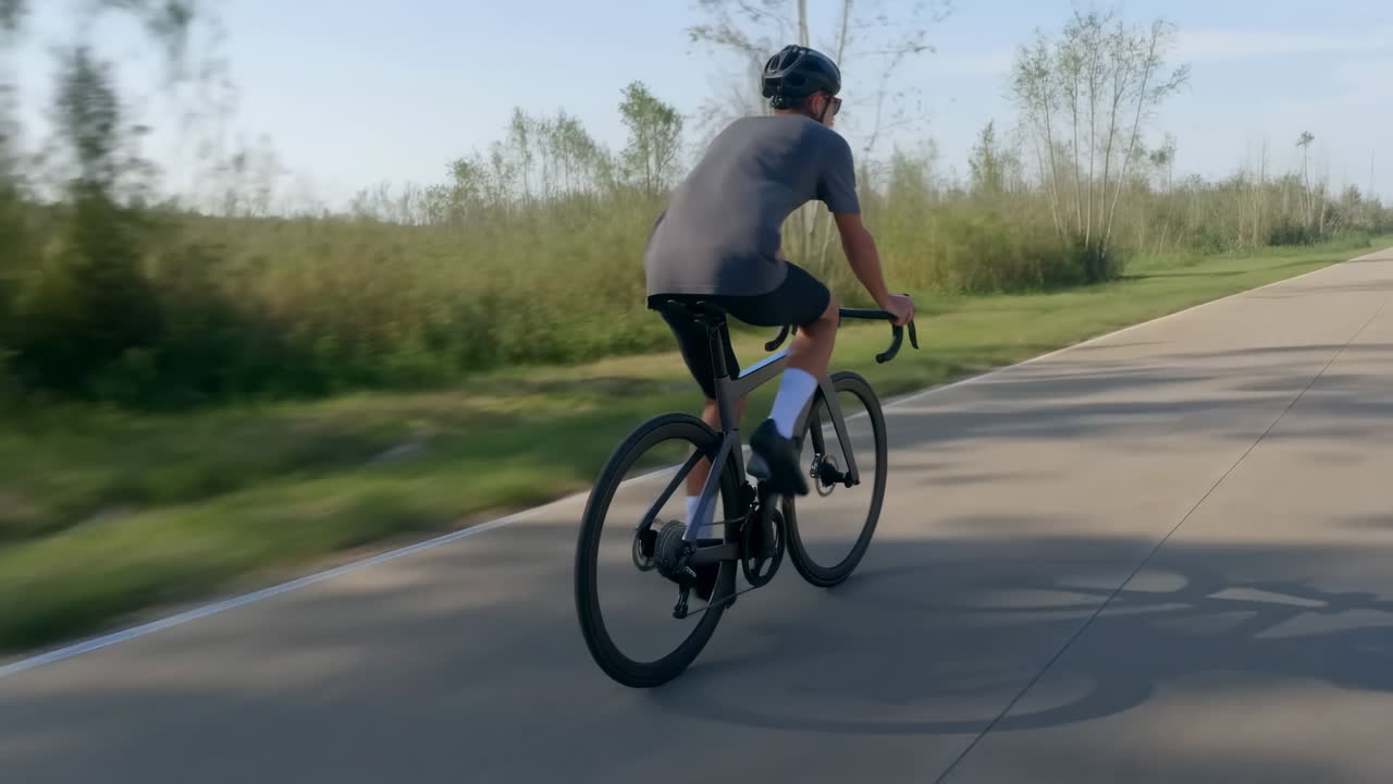 Ciclista in bicicletta su una strada asfaltata in una giornata di sole