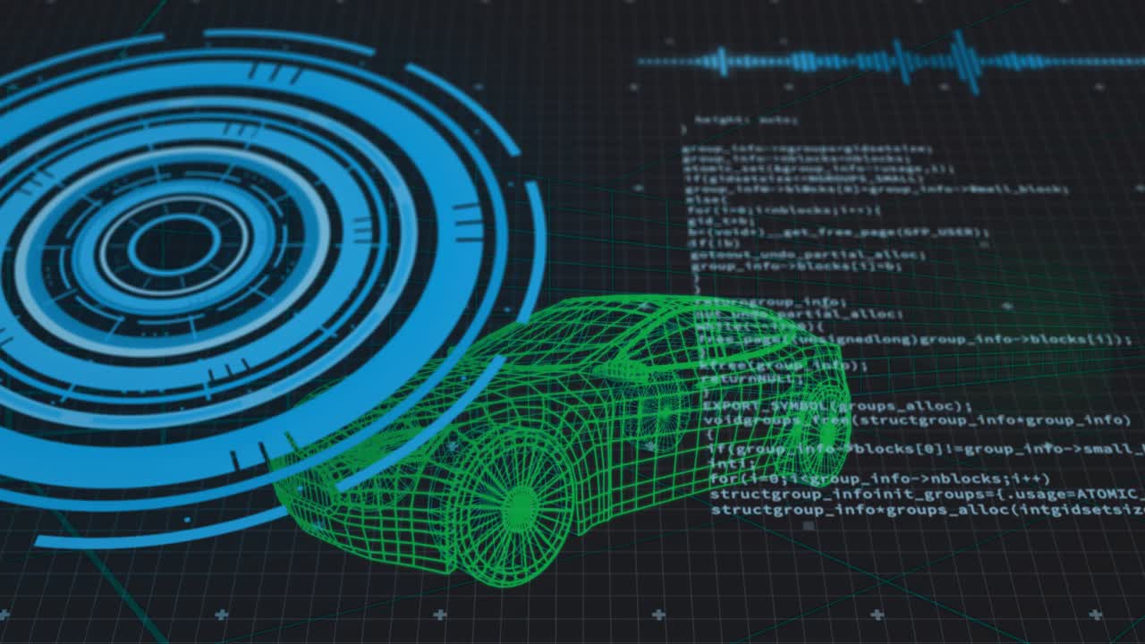 Diagnostic scan command initiating HUD pulses and code scrolling while green wireframe car rotating