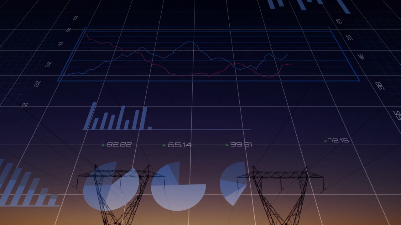 Power lines at sunset with financial graphs and data processing animation