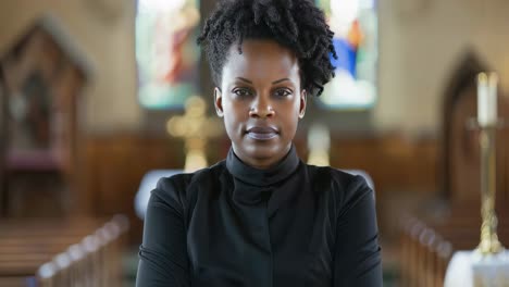 portrait of a woman pastor slowly closing and opening her eyes, standing in a church with arms crossed, expressing spirituality and religious contemplation