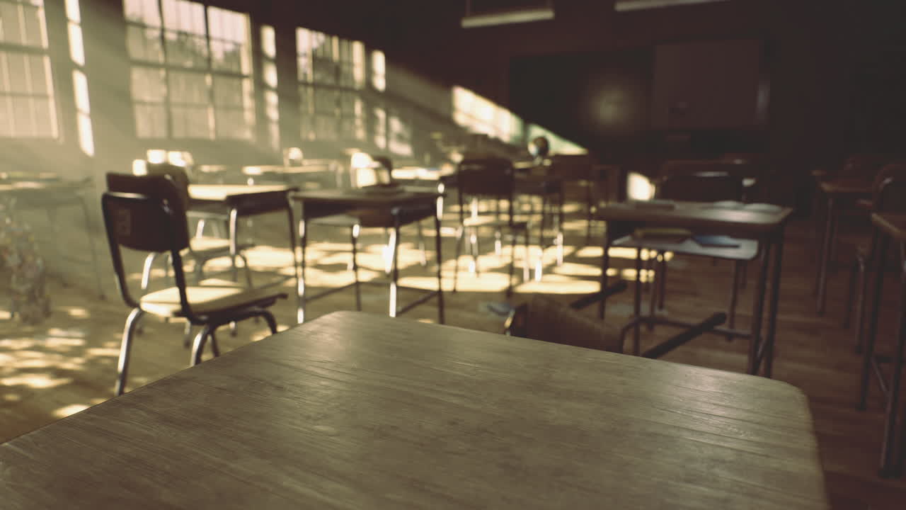 Classroom with warm sunlight filtering through windows during late afternoon