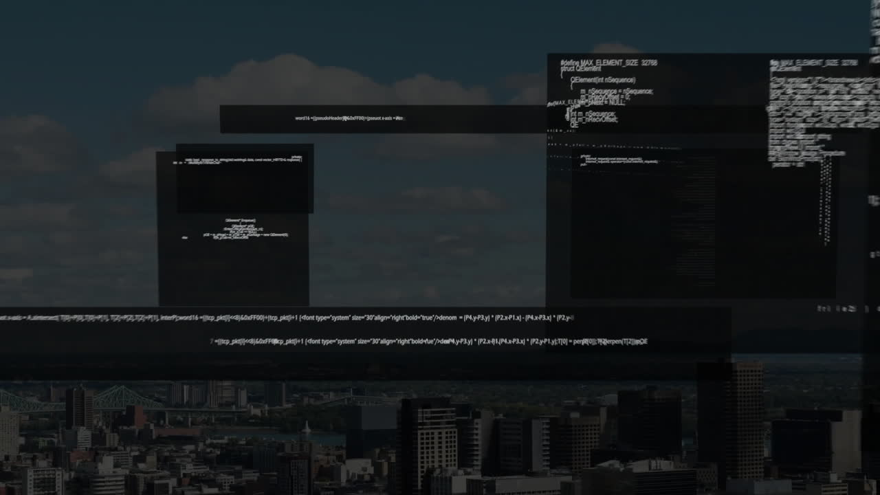 Glitch text animation over cityscape with buildings and cloudy sky