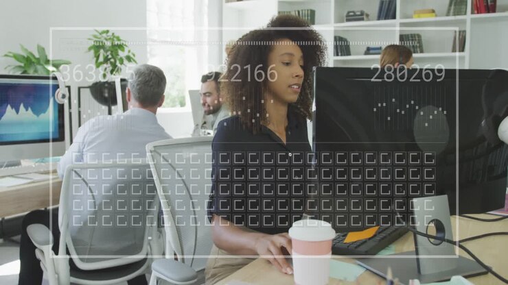Animation of loading bar, squares, changing numbers, biracial woman working on computer in office