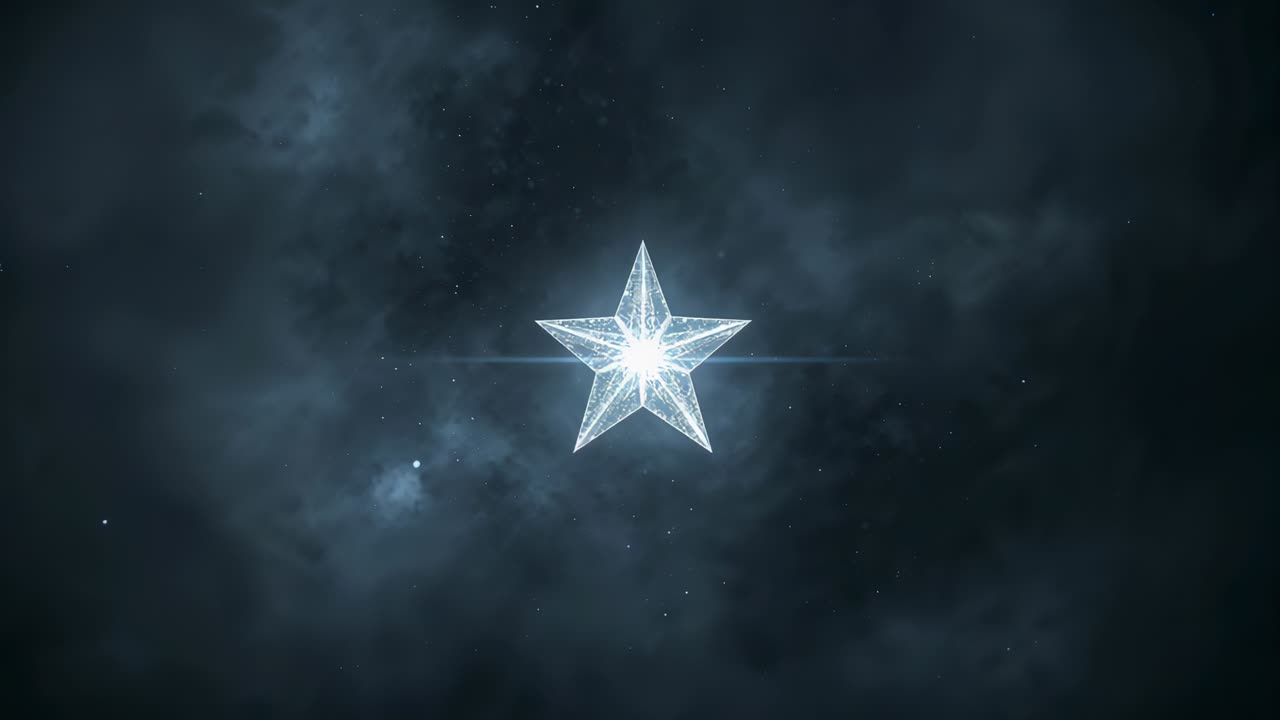 Pulsing five-pointed star, central core pulsing, amplifying sparkles and lens-flare in dark nebula