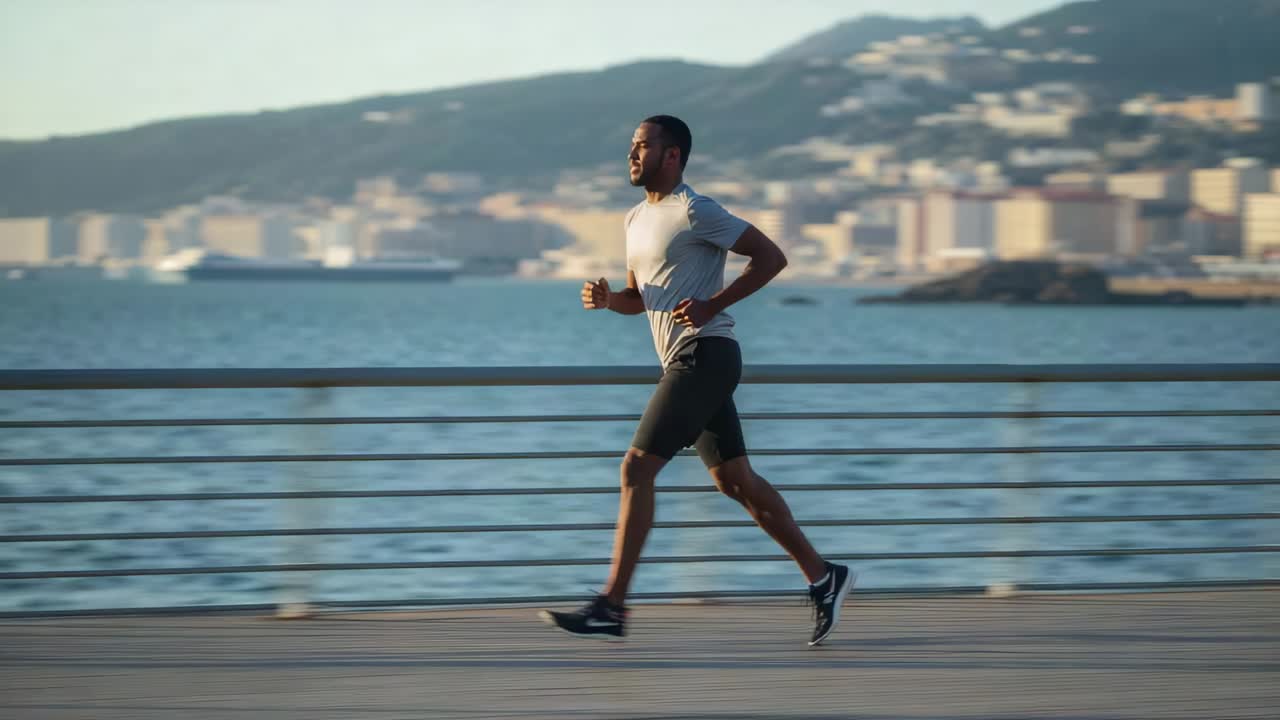 Uomo che corre facendo jogging lungo la ringhiera del lungomare, mantenendo un ritmo costante per fare esercizio fisico e indossando una maglietta grigia