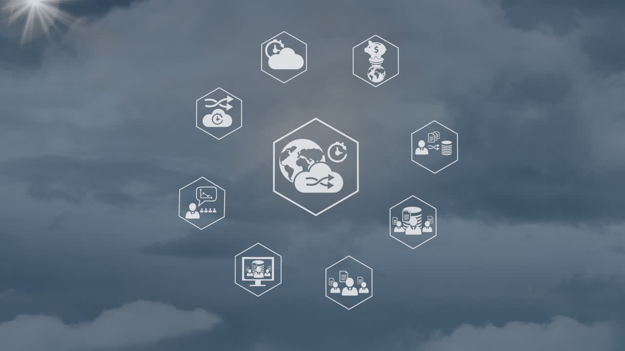 animación de la lente y el icono en hexágonos contra el cielo nublado en el fondo