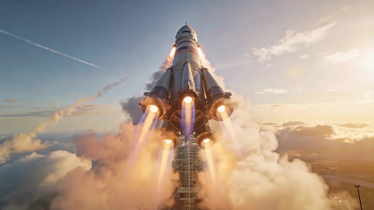 Igniting engines sending orbital rocket with boosters climbing from coastal pad, heading to orbit