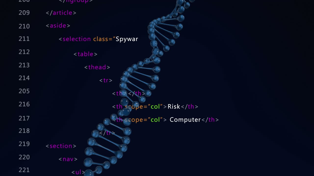 animación de la cadena de adn y procesamiento de datos sobre un fondo negro