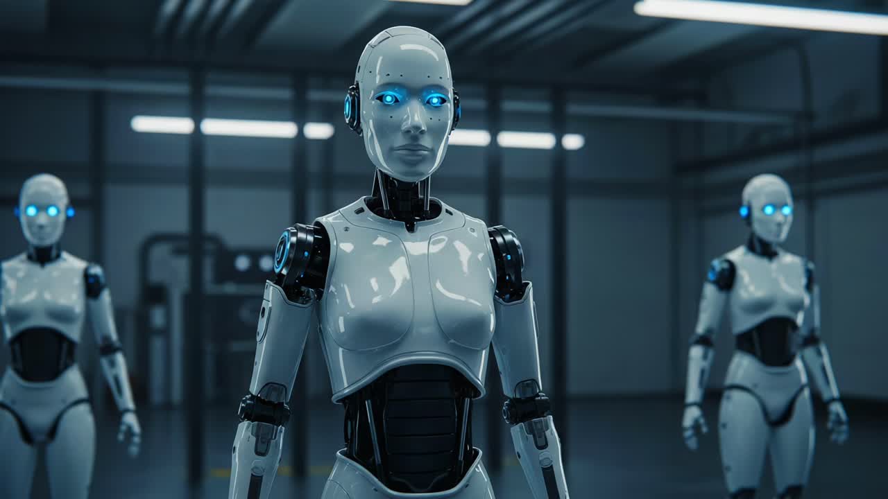 Futuristic Robots in a High-Tech Environment: Exploring Advanced Robotics with Human-Like Features and Illuminated Eyes in a Modern Laboratory Setting