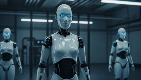 futuristic robots in a high-tech environment: exploring advanced robotics with human-like features and illuminated eyes in a modern laboratory setting