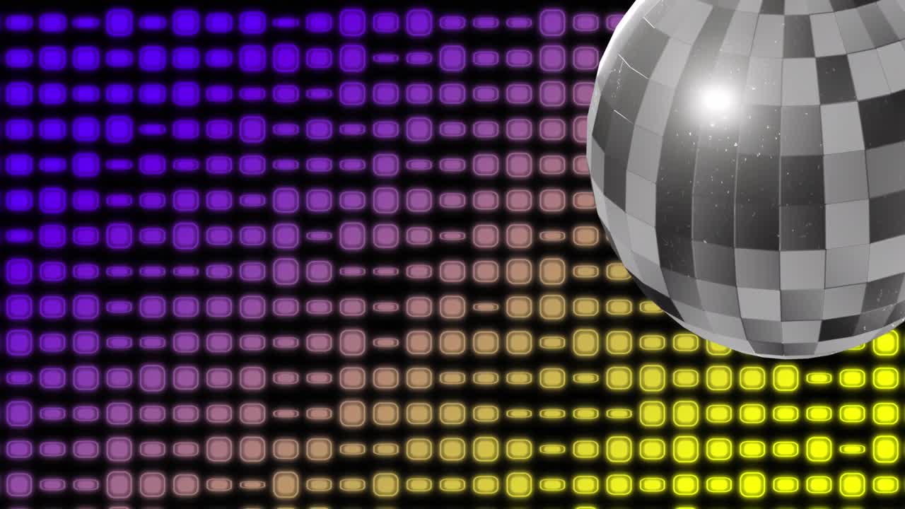 animación de bola de discoteca y luces sobre un fondo colorido