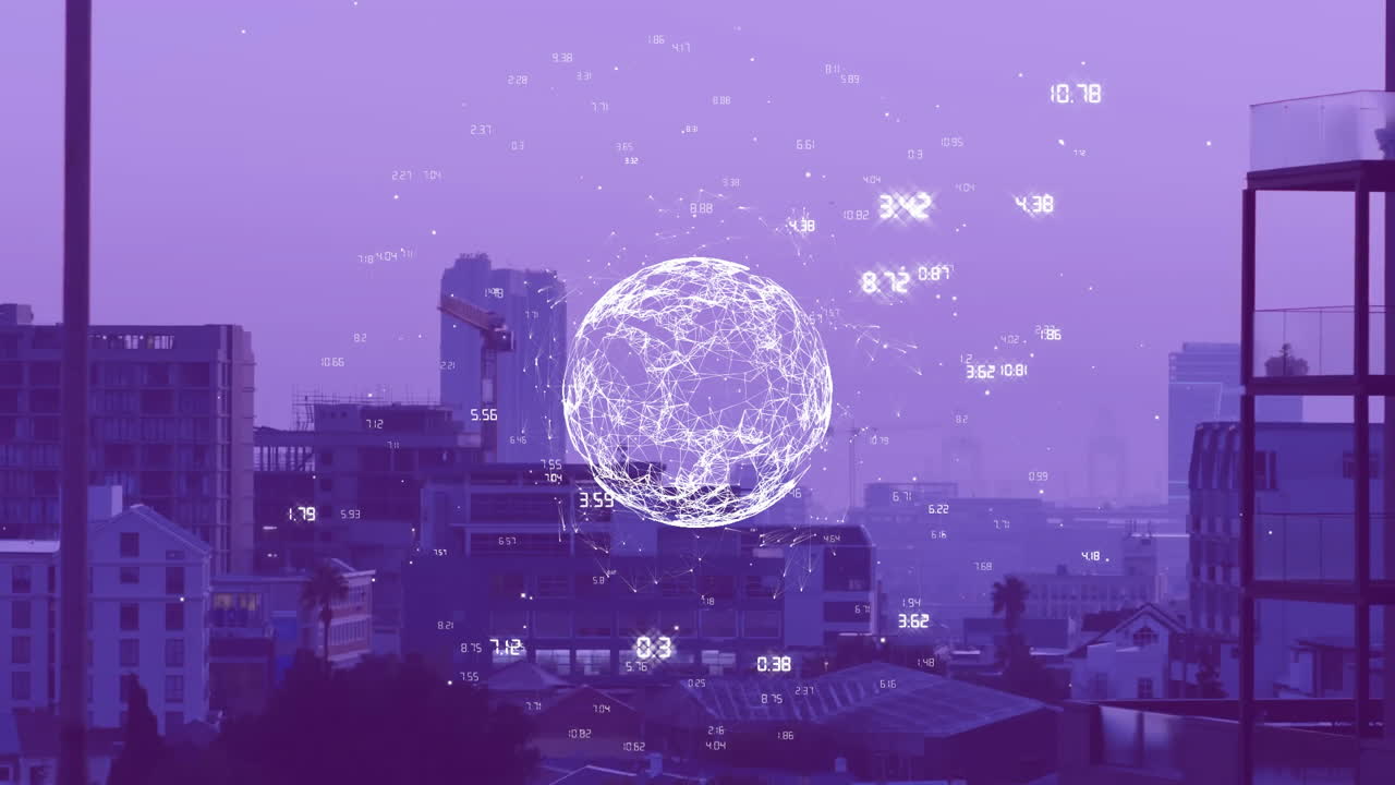 Animation of numbers around globe over modern city against sky