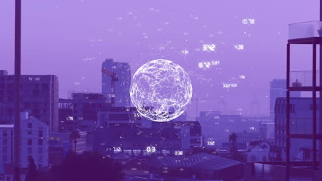 animation of numbers around globe over modern city against sky