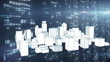 animación de servidores de computadora parpadeantes y dibujo 3d de la ciudad sobre fondo azul