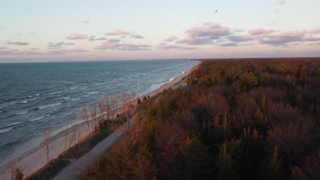 beautiful coastline along niagra glen ontario at sunset as bird soars in sky