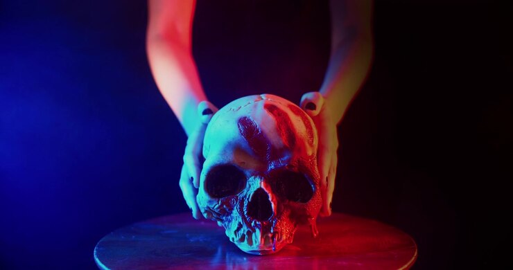 Persona che posiziona un teschio umano su un tavolo in uno studio buio