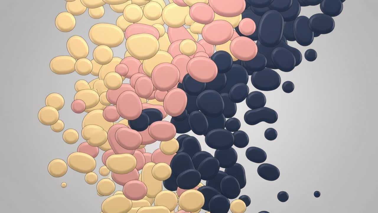 Shifting column yellow, pink, navy ovals moving inward over frames with small dots at gray backdrop
