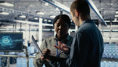 data center coworkers doing brainstorming, monitoring deep learning processes
