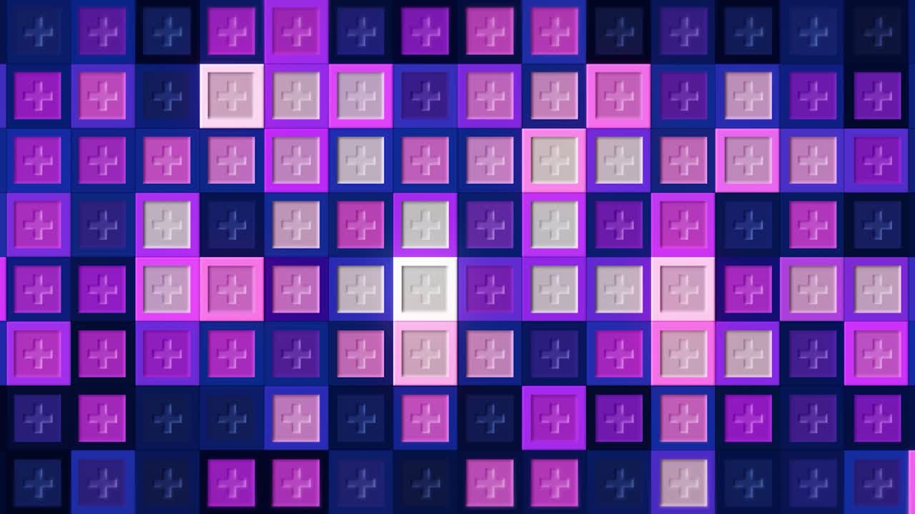 Dynamic animated background with medical multicolored crosses blinking endlessly. Motion. Rows of tiles with small crossed lines in flashing motion, seamless loop