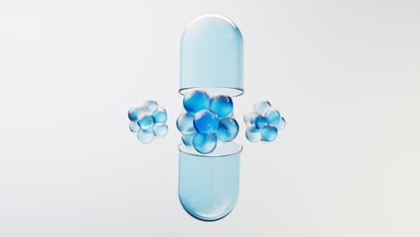 Medical capsule with transparent blue bubbles, 3d rendering
