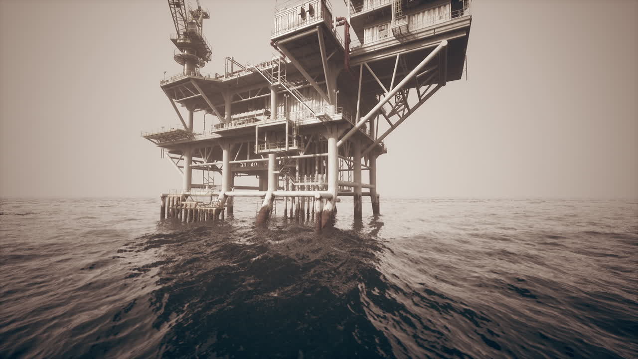 Gammel boreplatform i havet under en skyet himmel i skumringen