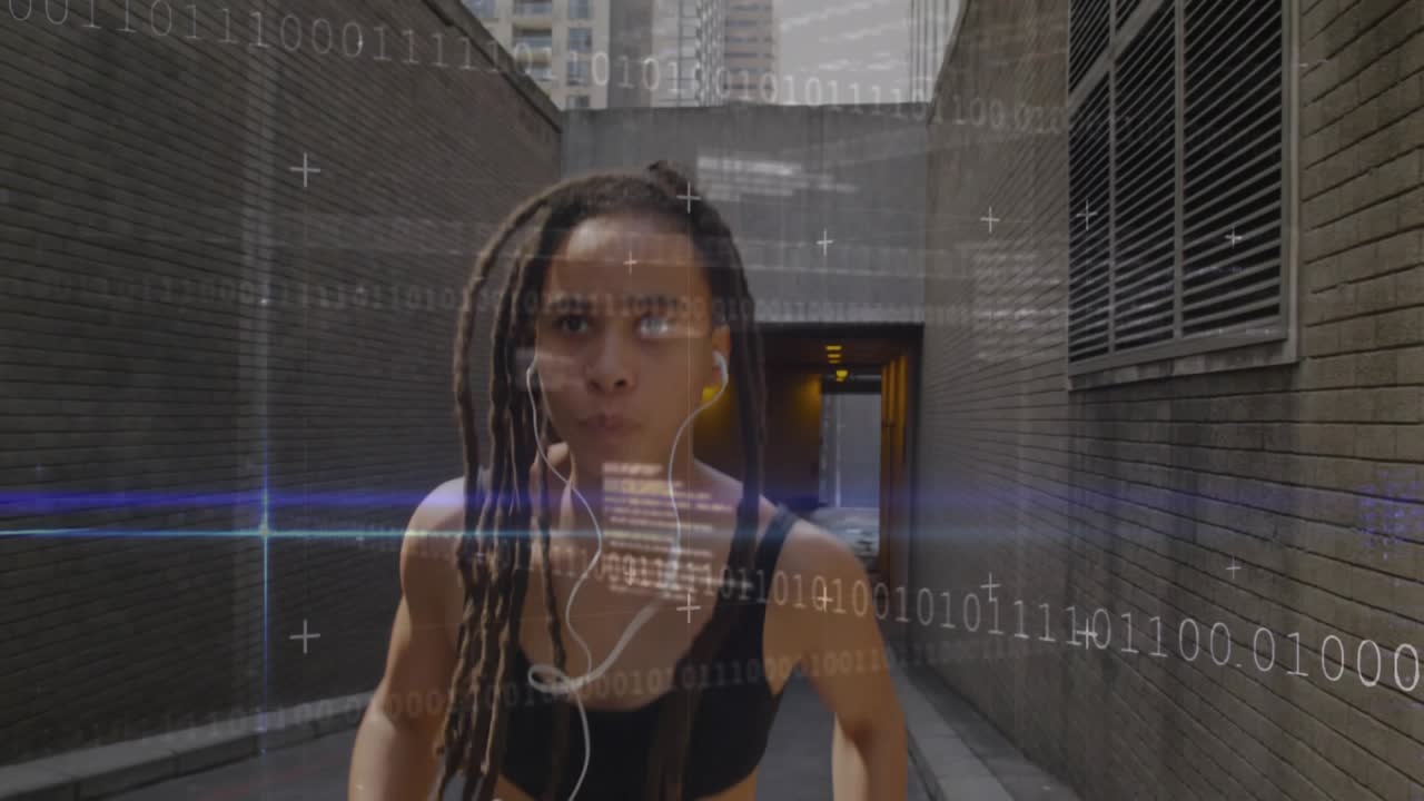 Female runner fixing wired earbuds in brick alley starting AR binary overlay, sprinting for fitness
