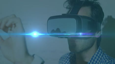 animación de un punto de luz azul que se mueve sobre un hombre caucásico que usa auriculares vr