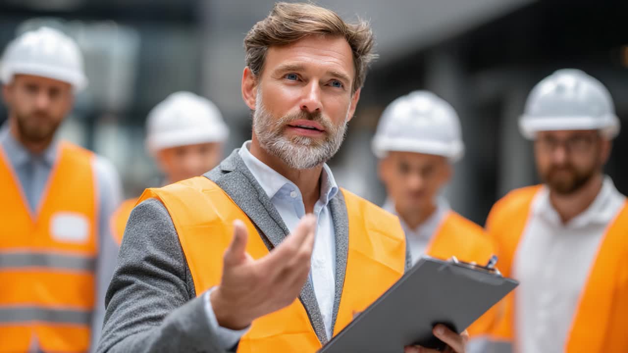 On-Site Safety Briefing: A Leader Discusses Important Guidelines with Construction Crew Wearing Protective Gear, Ensuring Workplace Safety Protocols Are Understood