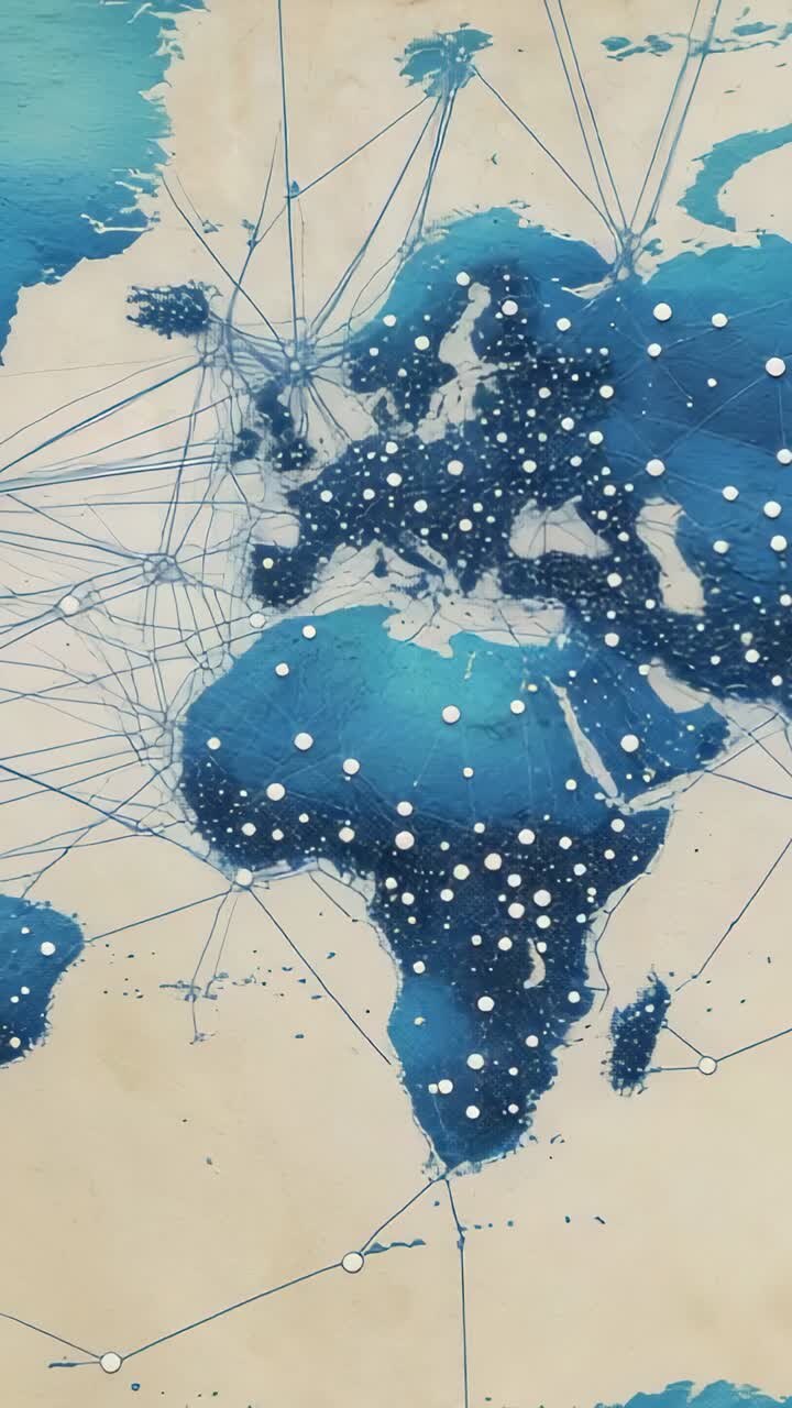 Vertical video: Networked map of Europe and Africa filling parchment with blue, nodes linking lines