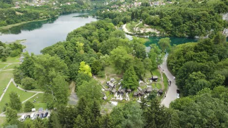 aerial overhead view of watermills of jajce located in bosnia and herzegovina