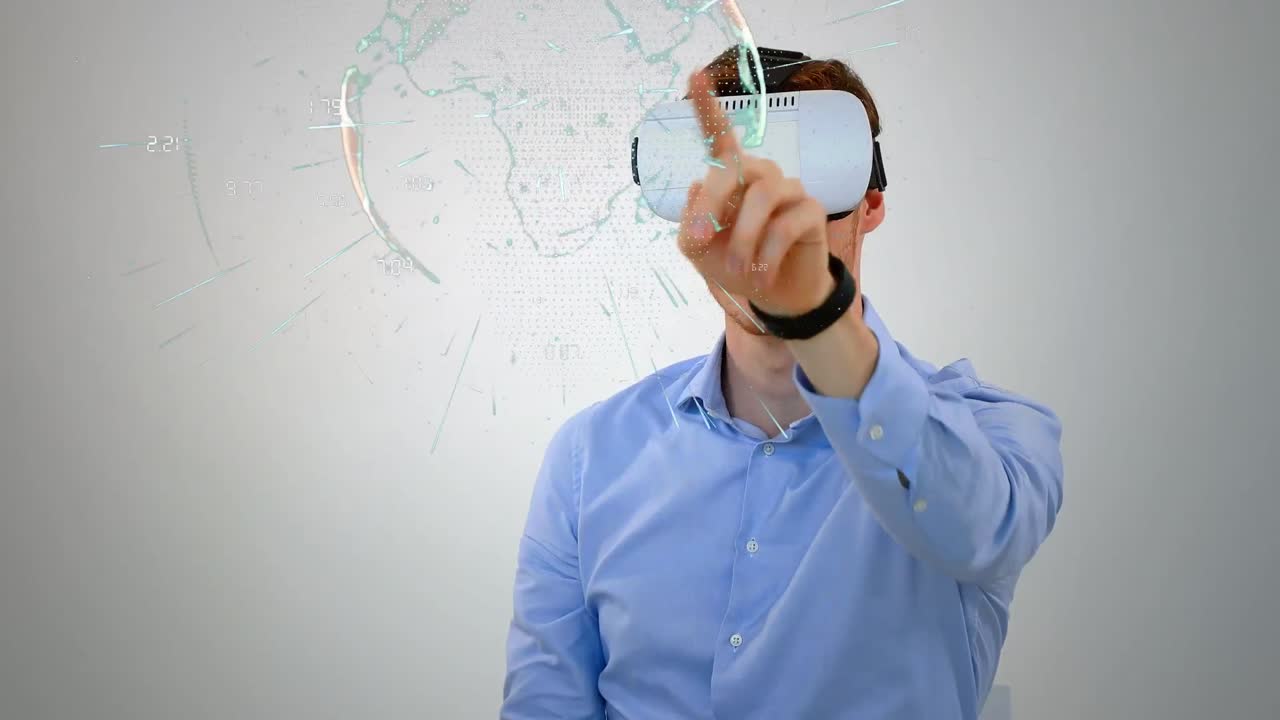 animación del globo con conexiones sobre el hombre caucásico usando auriculares vr