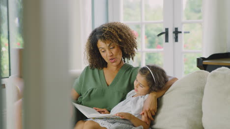 madre e hija sentadas en el sofá en casa leyendo un libro juntos