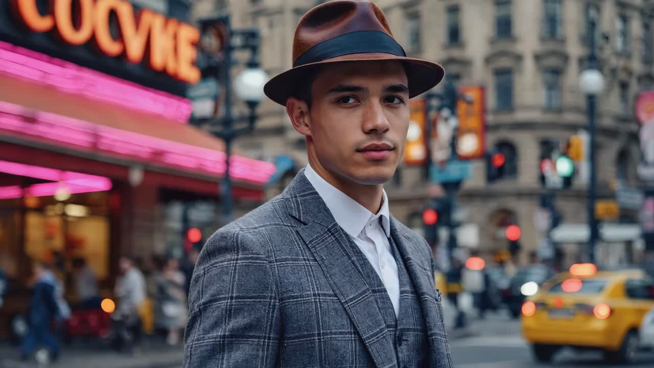 Man in a Stylish Suit and Hat in the City