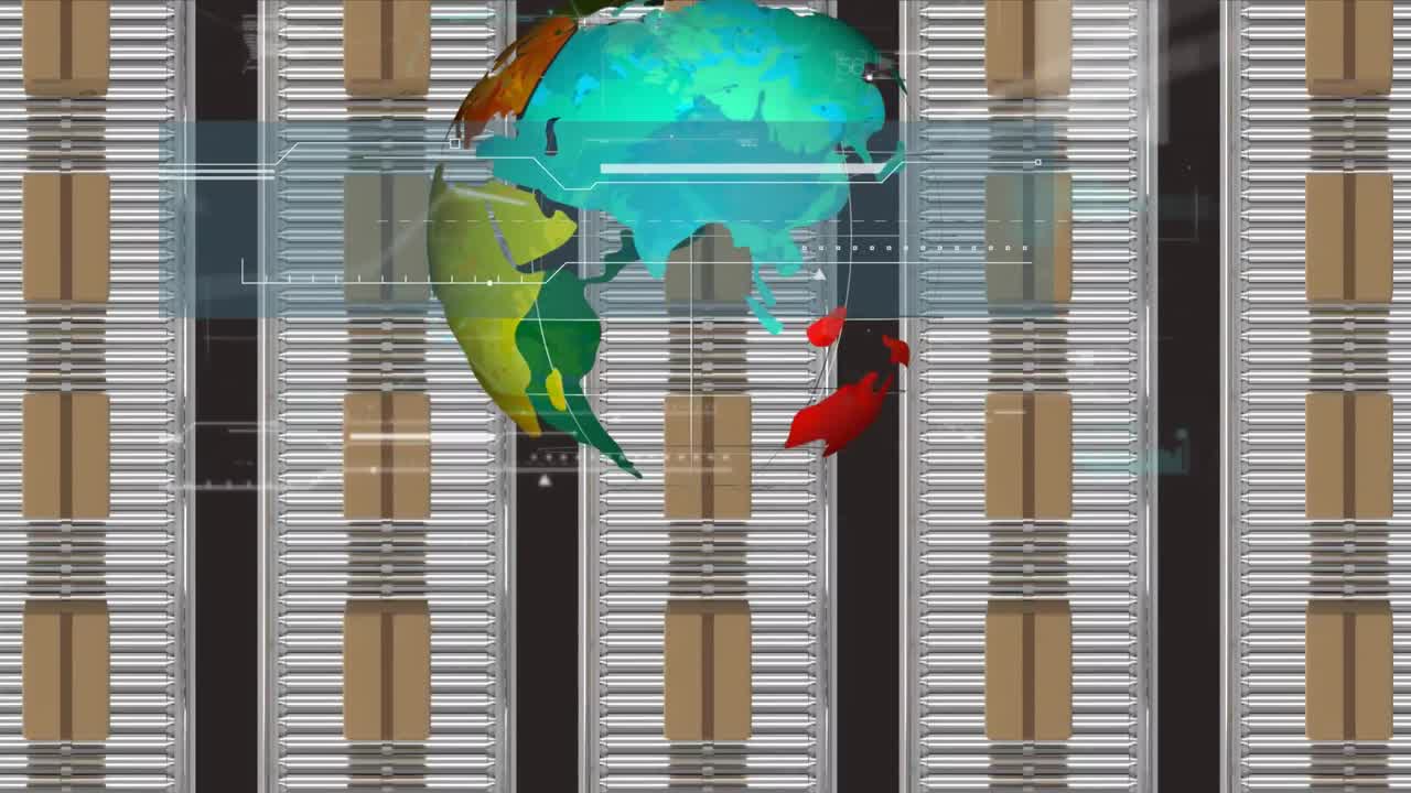 animación del procesamiento de datos y el globo sobre cajas de cartón que se mueven en cintas transportadoras