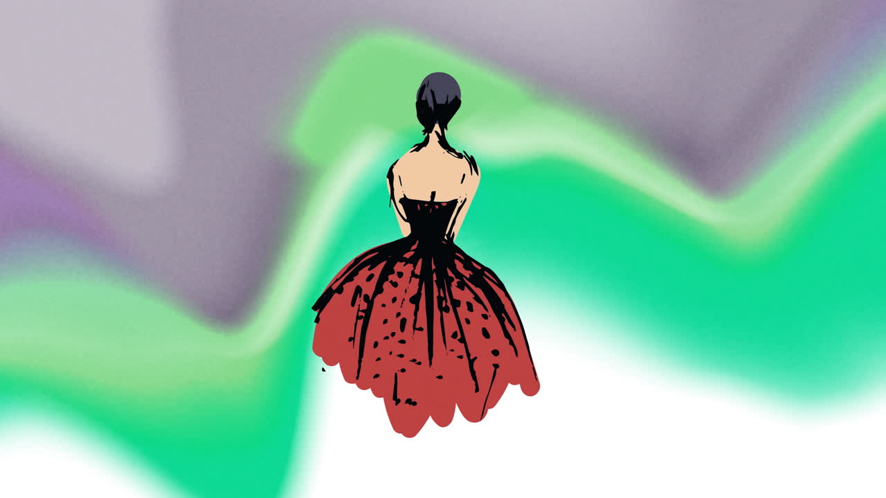 Animation of fashion drawing of woman's dress on grey and green background